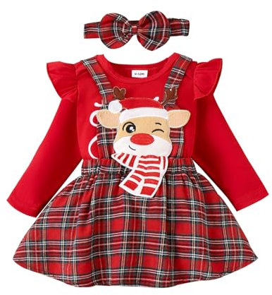 NewNewCome Christmas 2023 Baby Girl Dress Ruffle Long Sleeve Reindeer Embroidery Dress Infant Plaid Dress with Headband (Red, 9-12 Months)