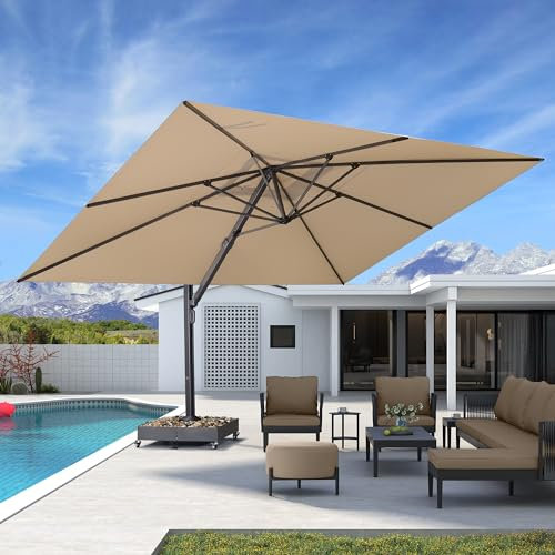 PURPLE LEAF 3,5 X 4,5 m Parasol Déporté de Terrasse Renforcée, Grand Parasol De Jardin Exterieur, Rotatif 360° Mât de Parapluie Épais Version Améliorée, avec protection solaire UPF50+, Beige
