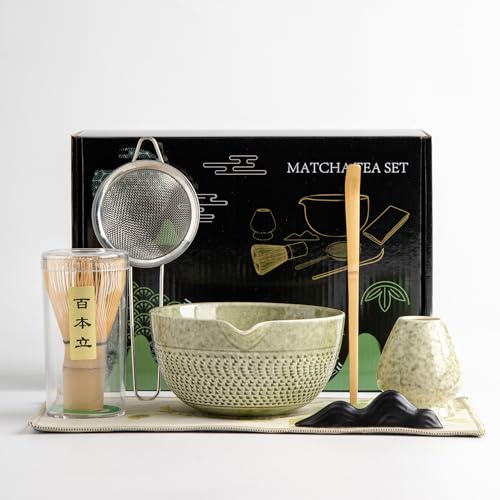 DWEHIXBUY Japanisches Matcha-Zeremonie-Zubehör, Matcha-Schneebesen, traditionelle Schaufel (Chashaku), Teelöffel, Schneebesenhalter, 1 Teeschale, 1 Teesieb, das perfekte Set zur Zubereitung einer