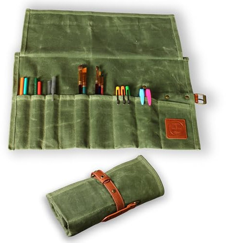 Earth & Fiber Co. Compact Waxed Canvas & Leather Paint Brush Holder - Portable Art Bag for Painting & Drawing - Art Supplies Organizer - Storage Roll Bag for Artists