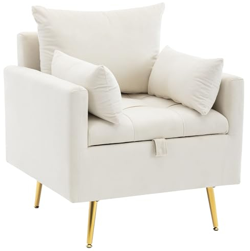 MQGPM Einzelsessel mit Stauraum und Dekokissen, Moderner Komfort und Stil in Extra Großen Sessel mit Goldenen Beinen, Freizeitsessel für Wohnzimmer Schlafzimmer, Beige