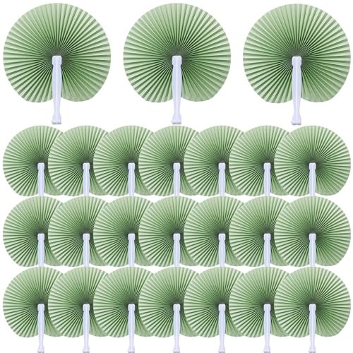 Pangda 60 Pack Folding Fans Round Paper Fans Assortment with Plastic Handle for Wedding Favor Party Bag Filler (Sage Green)