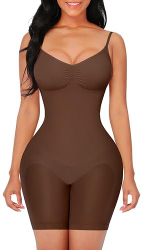 FeelinGirl Shapewear Damen Body Shaper Bauchweg Sculpting Nahtloser Atmungsaktiver Bodysuit mit Verstellbarem Schultergurt Überbrust V-Ausschnitt Kakao 3XL/4XL
