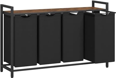 VASAGLE Wäschekorb 4 Fächer, Wäschesammler mit Ablage, Wäschebox, Wäschesack aus Oxford-Gewebe abnehmbar, Metallrahmen, 4 x 40 L, 116 x 33 x 72 cm, tintenschwarz-vintagebraun BLH401B01