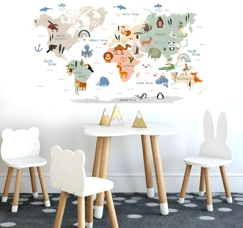 Wandtattoo Kinderzimmer Wandsticker Tiere 87x58cm Wandtattoo Weltkarte Kinderzimmer Wanddeko Selbstklebend Lichtfarbe für Junge Mädchen Schlafzimmer Wanddeko