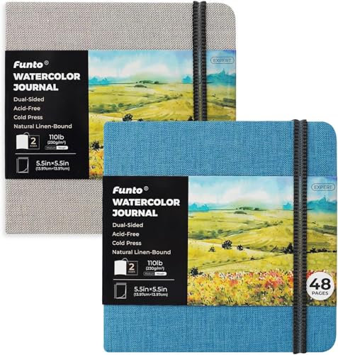 Funto Aquarell-Tagebuch, quadratisches Format, zweiseitiges Kalttrommelpapier, 5,5 x 5,5, tragbares 2-Paket, jeweils 48 Seiten, Elastikband, 110 lb/230gsm, Kunstbedarf für gemischte Medien