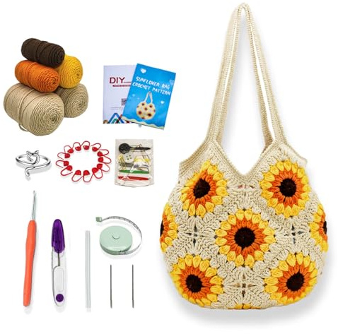 Anbaagsky Häkelset für Anfänger, Sonnenblumen-Tragetasche, quadratisch, Häkeltasche mit Schritt-für-Schritt-Video-Tutorials, Strickset, Anfänger, Häkelset für Erwachsene