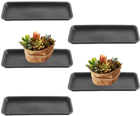 CAKEEYUM 5 PCS Rectangular Black Plastic Plant Trays, Heavy Duty, Leakproof, Indoor/Outdoor, 15.9*5.9*0.7inch