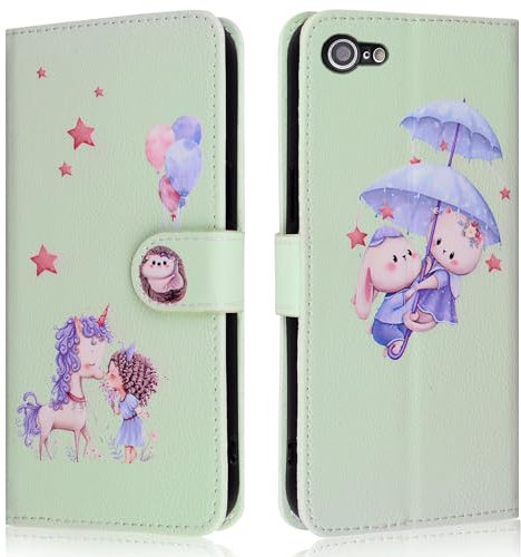 FALUWONRU for iPhone 7/8/SE 2020/SE 2022 Cartoon Card Slot Wallet Phone Case, Standing Shockproof Flip Case with Card Holder Cute Unicorn Rabbit Cat Hedgehog balloons Magnetic Cover for Women,Green