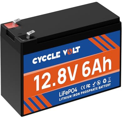 CYCCLEVOLT Batteria al litio ricaricabile da 12V 6Ah LiFePO4, BMS integrato, 4000+ cicli profondi per illuminazione domestica, piccoli UPS, Power Wheels, ecoscandaglio, auto elettrica da 12V