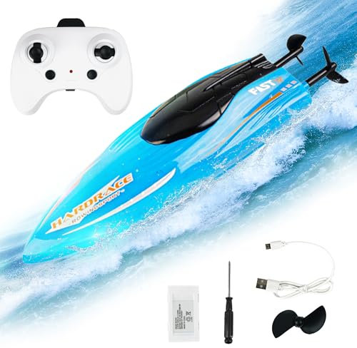 BEZGAR RC Boat, 8 inch Mini Remote Control Boats for Kids, LED Light Stunt Boat with 600mAh Rechargeable Battery, 360° Rotation Waterproof Ideal Toy Boats for Pools & Lakes - Blue