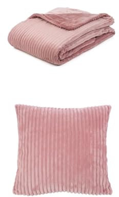 Gözze Cord Optik Wohndecke und 2er Set Cord-Kissen, 150x200 cm + 50x50 cm, Farbe: Altrosa