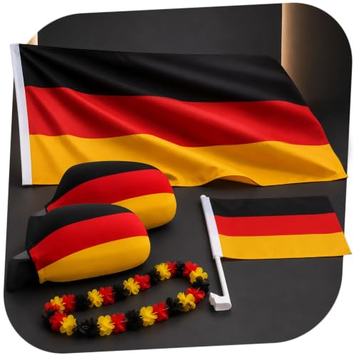 Fußball Fanartikel-Set für Deutschland Fans mit 145x90cm Deutschland National-Fahne mit Hohlsaum, Auto-flagge, Spiegel-Socken, Hawaii-Kette, WM 2026 Fanset Germany Fans Fandeko Public Viewing Party