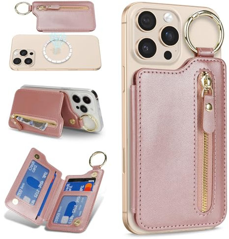 Havaya für Magsafe Wallet mit Kartenhalter Schlüsselring mit Reißverschluss iPhone 16/15/14/13/12/Pro/Max/Plus/Serie für Magsafe Ring- Rosa