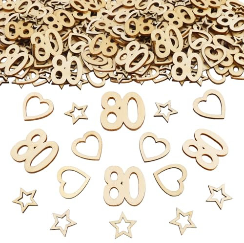 ParPix 150 Stück Holz 80 Geburtstag Deko Konfetti, Confetti Deko 80 Geburtstag Frau Mann, Holzherz Stern Streudeko 80. Geburtstag Deko, Tischdeko 80 Geburtstag Frau, 3cm Streudeko 80. Geburtstag Mann