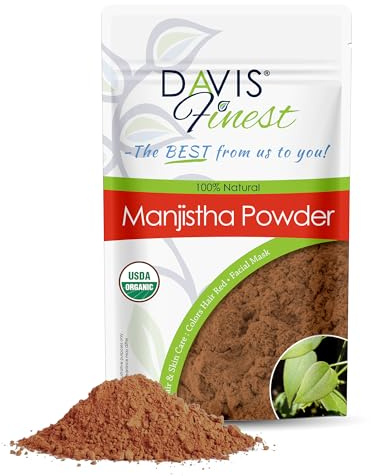 Davis Finest Organic Manjistha Powder 250g, Pure & Natural Rubia Cordifolia Indian Madder Root, Ayurvedic, Hair & Skin, Face Mask, Brightening - Red Hair Dye Colour, Conditioner, Refresher