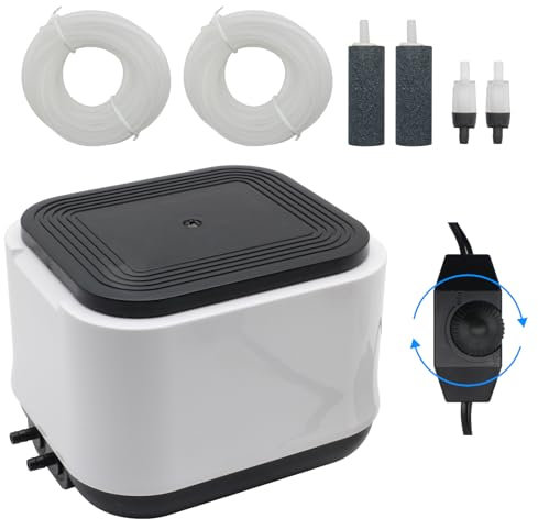 HUIXHAO Aquarium Air Pump Ultra Quiet, 300Gallon, 190GPH, 5W, Includes Air Stones, Tubing, Check Valve, 2 Air Outlets, Adjustable Fish Tank Aerator for Livewell