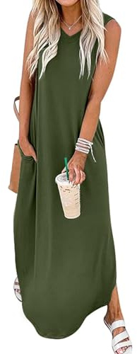 Chicrise Robe Longue Femme D'éte Robe Maxi sans Manches Col V Robe Plage avec Fendue Décontracté