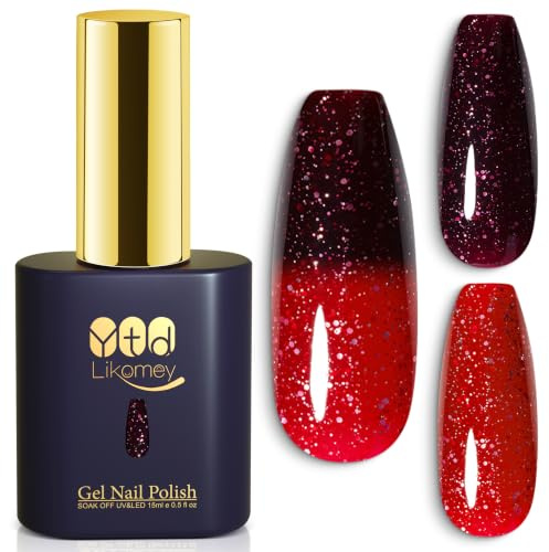 YTD Likomey UV Nagellack Farbwechsel Thermo Farbgel,15ml Rot bis Dunkelkirschrot Glitzer Chamäleon Nagelgel UV/LED Color Change Gellack,WB504