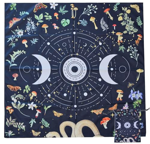 GLOBLELAND Tarottuch Und Tasche Mit Schlangen Und Pilzmotiv 30Zoll Mond Und Stern Dicker Samtstoff Tischdecke Tarotkartentasche Mit Motte Und Schmetterling Für Wahrsagerei Tarotkarte Wicca Zimmer Bar