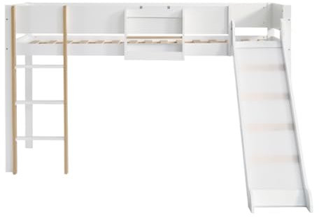 LUNEX HOME Lit mi-Hauteur 90x200 cm en Bois de pin pour Enfant avec Toboggan, étagère Amovible et échelle Droite à Trois Niveaux, Couleur Blanc et Bois Naturel