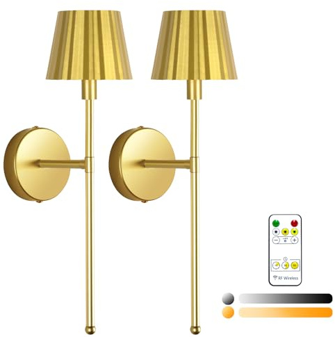 Jaenmsa Gold Battery Operated Wall Sconces Set of 2, Rechargeable Wireless | Wall Light with Dimmable and Remote Control, 3 Colors Wall Lights for Indoor Living Room Bedroom Hallway