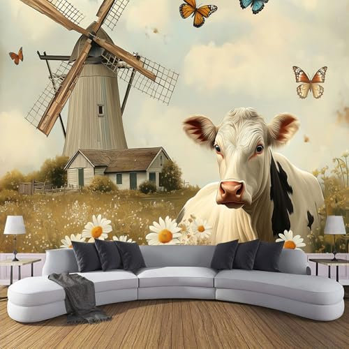 Fototapete Bauernhof Kühe 350x250cm XXL Wandtapete Antike Windmühle Tapete Motivtapeten Bildtapete 3d Effekt Wand Dekoration für Schlafzimmer Wohnzimmer Korridor