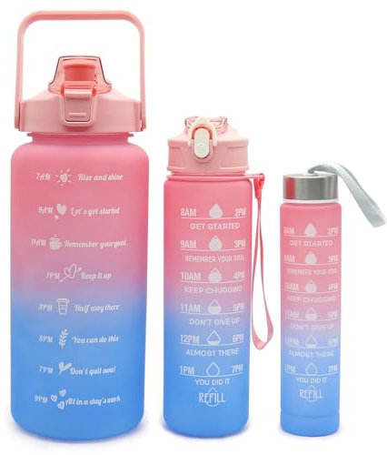 BOODPET 3-Pack Motivational Water Bottles with Time Markers – 2L + 750ml + 280ml Leakproof BPA-Free Tritan Bottles – Gradient Pink & Blue Reusable Hydration Set for Gym, Office & Travel