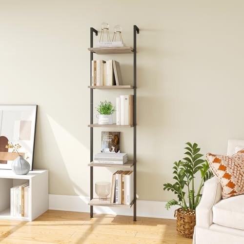 ELYKEN Slim Leaning Ladder Shelf Wall Mounted Wooden Narrow Shelf Unit | Greige, Vintage Open Ladder Shelves Coner, Metal Frame, 5 Tiers, for Living Room Bedroom Office