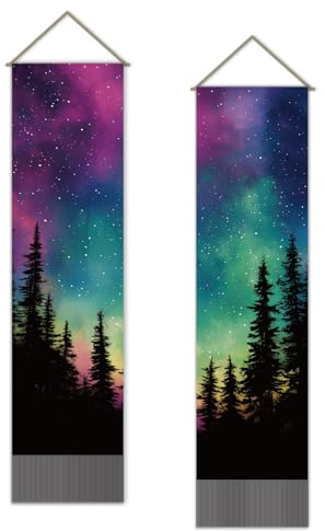 SUPERDANT Wandteppich Mit Sternenhimmel Und Wald Aurora Druck Wandkunst Wandbehang Wanddecke Lange Wände Zum Aufhängen 2 Stück Wandteppiche Mit Quaste Für Wohnzimmer Schlafzimmer Wohnheim Hintergrund