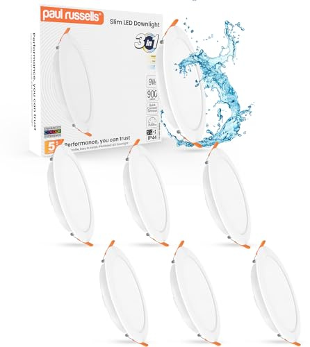 paul russells Bathroom Spot Lights Ceiling, 9W LED Round Panels 3 CCT Light, 900LM, 3000K,4000K,6500K, Led Downlights spotlights for Ceiling, Panel Lighting (Non-Dimmable), 6 Pack