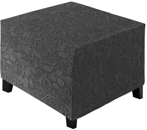ele ELEOPTION Stretch-Sitzbezüge, quadratischer Fußhocker-Bezug, Samt-Jacquard, abnehmbar, waschbar, Stretch-Pouf-Bezug, rutschfest, staubdicht, Ottomanen-Schonbezug, Größe XL (69–81 cm), Dunkelgrau