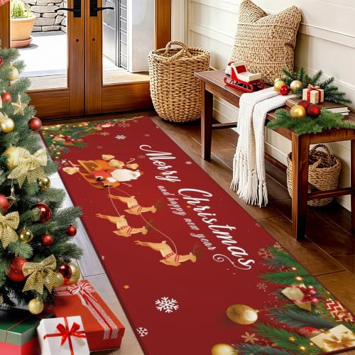 TUKDAK Weihnachtsteppich Läufer 60x180cm,Waschbar rutschfest Teppich Weihnachten,Rot Weihnachtsmann Rentier Weihnachtsläufer Teppich,Küchenteppich Weihnachten,Weihnachtsteppich Küche für Wohnzimmer
