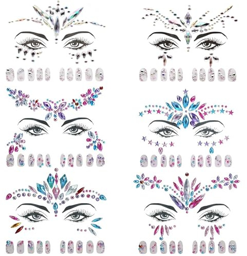 6 Pcs Face Gems for Women Festival, Adhesive Face Glitter nail Jewels Rhinestone Temporary Tattoo Sticker, Glitter Jewel Tattoo Sticker for Halloween Christmas Birthday Music Festival Holiday Party