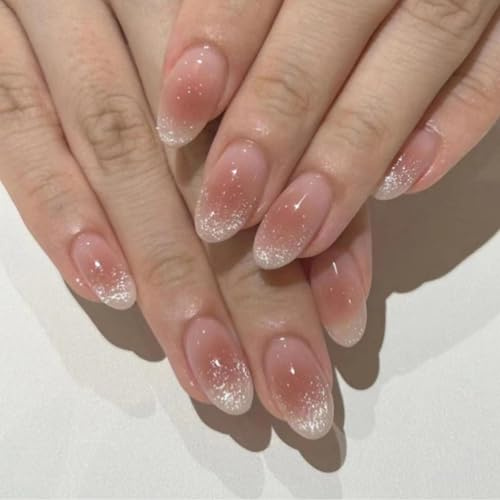 24PCS Short Almond Press On Nails – Nude Gradient French Tip Fake Nails with Glitter – Easy to Apply Acrylic Stick On for Women, Perfect for Daily Wear & Special Occasions