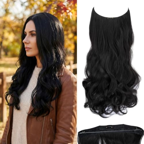 JJstar 50 cm Halo Haarverlängerung, gewellte Invisible Hair Extensions | Natürliche Optik, Haarteil mit unsichtbarem Draht, schnell anzulegen, Body Wave aus Hochtemperaturfaser für mehr Volumen