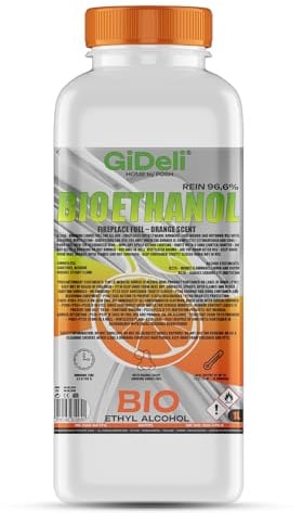 GiDeli Bioéthanol Parfum orange 96,6 % éthanol pour cheminée intérieure et extérieure Sans fumée ni suie Fabriqué à partir de maïs et de betteraves sucrières 1 l