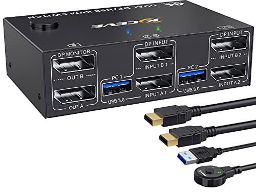 YOUTINGHDAV USB 3.0 KVM Switch 2 PC 2 Monitore Displayport | KVM Switch Dual Monitor 4K@144Hz für 2 PC Teilen 4 USB Geräte Maus Tastatur, Wired Remote(4K DP 2 in 2 out KVM)