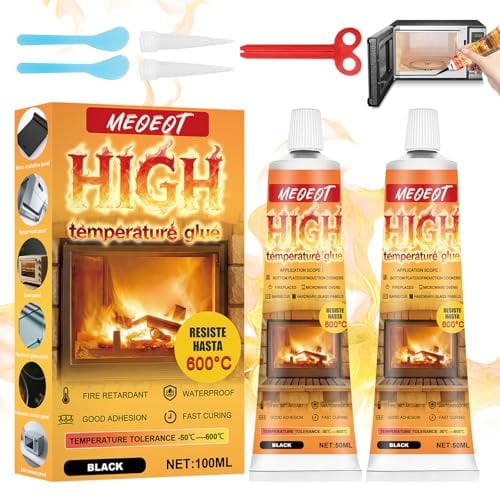 Meoeot Colla Alte Temperature, 100ML Silicone Alta Temperature, Sigillante Alte Temperature, Nero Adesivo Resistente al Calore Fino a 600°C, Adatto per Sigillatura ad Alta Caminetti, Stufe, Forni