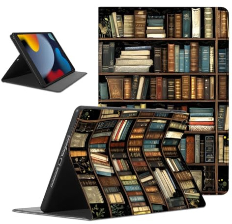 Coalbooliy Hülle für iPad 9./8./7. Generation, Aesthetic Bücherregal Motiv Design Ultra Dünn Leicht SchutzHülle Cover mit Standfunktion TPU Rücken Slim PU Leder Smart Folio Tablet Case, Schwarz