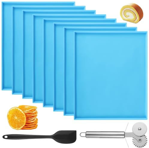 Skdqiee 8 Pcs Silicone Dehydrator Trays Set, Dehydrator Sheets with Scraper & Pizza Cutter Wheel, Non-stick Fruit Leather Mats with Edges, Ideal Baking Tools for Fruit, Vegetable, Meat