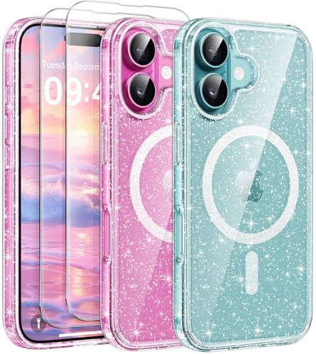 AROYI für iPhone 16 Hülle, glitzernde transparente hülle mit 2 Stück Panzer Schutz Glas, kompatibel mit Mag Safe, stoßfestes Acryl mit magnetischem Glitzer für Frauen und Mädchen, Klar