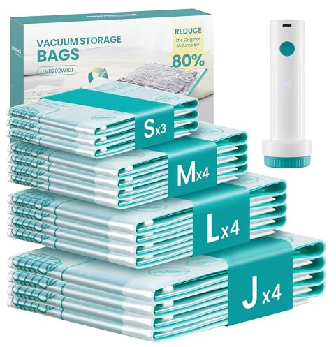 SONGMICS Bolsas de Vacío con Bomba Eléctrica Recargable, 15 Piezas | Bolsas para Ropa y Sábanas, 3S/4M/4L/4J, Compactas y Reutilizables, Transparentes, Colección ISLAND LVB203W101