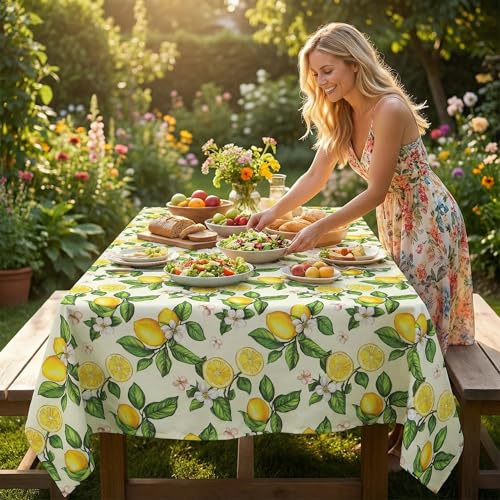 Maslasee Lemon Print Tablecloth, Cotton Linen Rectangular Table Cover for Dining Kitchen Table, Wrinkle Resistant Farmhouse Tablecloth with Tassels for Home Party Decoration（132 x 200cm）