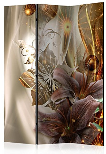 RAUMTEILER/PARAVENT B&D XXL - Paravent Raumteiler Innen Lilien Abstrakt 135x172 cm 3-teilig Einseitig Raumtrenner Raum Trennwand Holz Room Divider Spanische Wand Raum Abtrennung braun beige