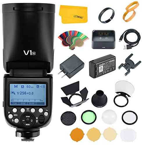 Godox V1-N TTL On-Kamera Runde Kamerablitz-Blitzgerät mit Godox AK-R1 Flash-Kit kompatibel für Nikon-Kamera