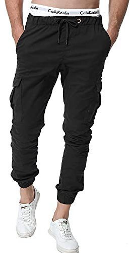 ZOEREA Homme Pantalon Cargo Sport Jogging Pantalons Multi Poches Ceinture Élastique Casual Activewear Long Pants Noir,M