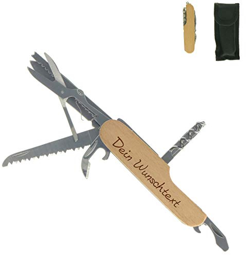 Personalisiertes Taschenmesser 'Wood' klein - Geschenkidee für Papa, Mann und Freund zu Weihnachten - Multifunktionswerkzeug aus Edelstahl mit Buchenholzgriff - Multitool 12-in-1 Zubehör