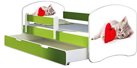 ACMA Kinderbett Jugendbett mit Einer Schublade und Matratze Grün mit Rausfallschutz Lattenrost II 140x70 160x80 180x80 (40 Katze mit Herz, 180x80 + Bettkasten)