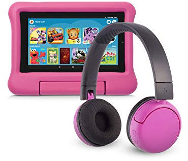 Fire 7 Kids Edition Tablet (16 GB, Pink Kid-Proof Case) + BuddyPhones Headset, Pop Time in Pink (Ages 8-15)